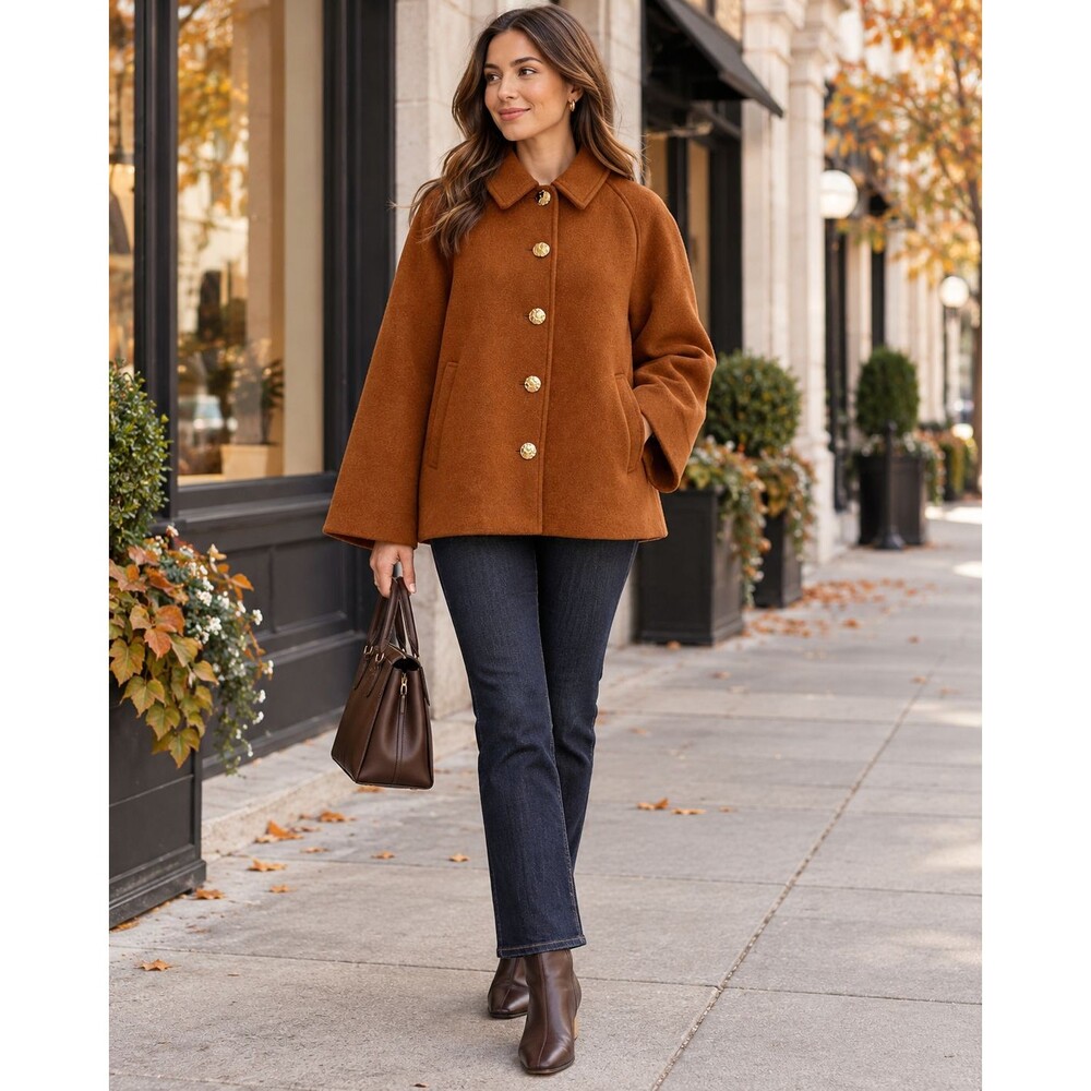 J.Crew Women’s Wool Blend Swing Coat Size L Brown Gold Button Jacket NWT